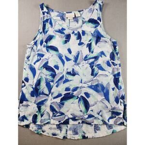 Cynthia Rowley 100% Linen Tank Top XL Leaves AOP Button Sides Coastal Resort